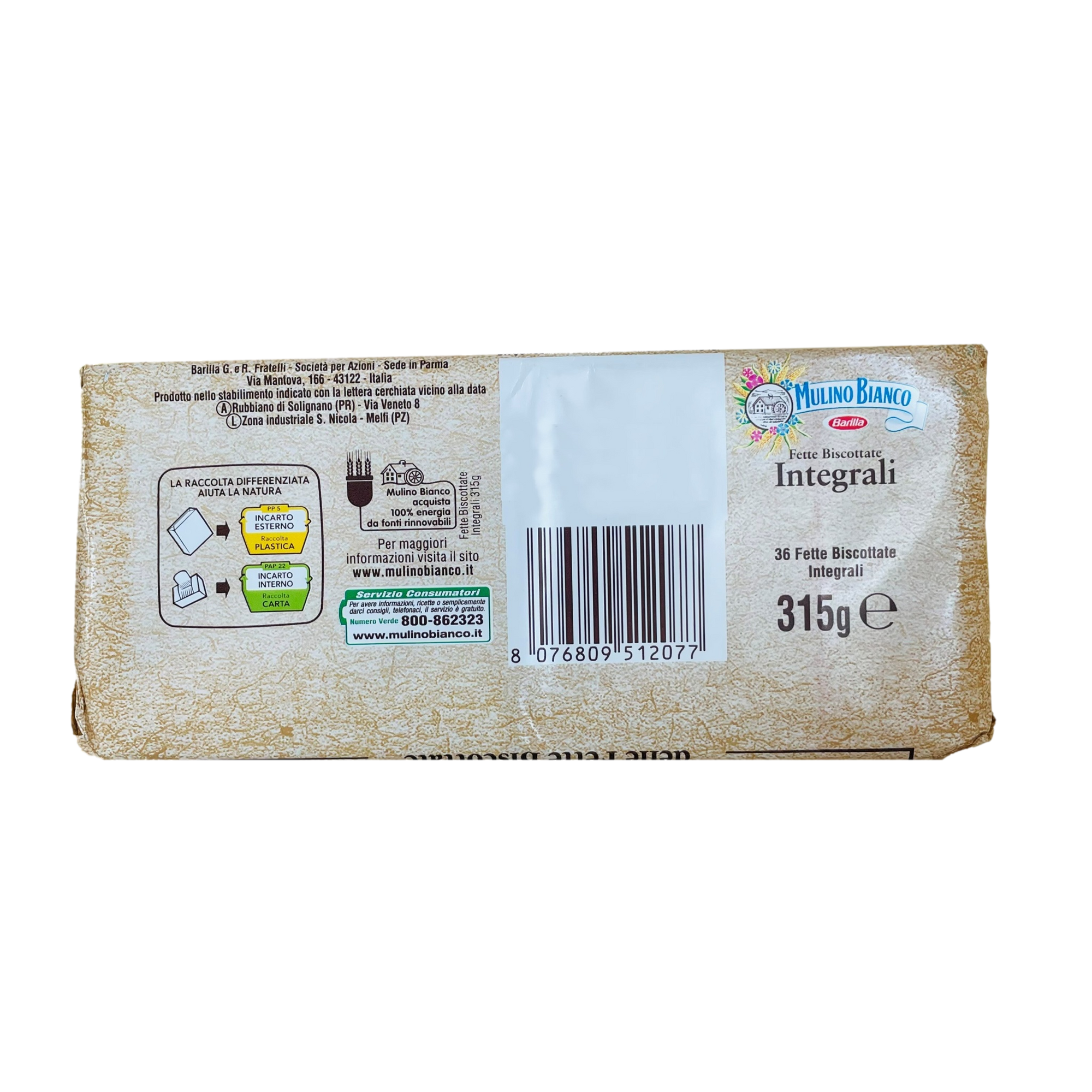 Mulino Bianco Fette Biscottate Integrali x36 - 315 gr - Consegna all'Estero